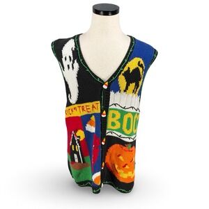 The Eagles Eye Womens Large Halloween Sweater Vest Ghost Pumpkin Black Cat Boo